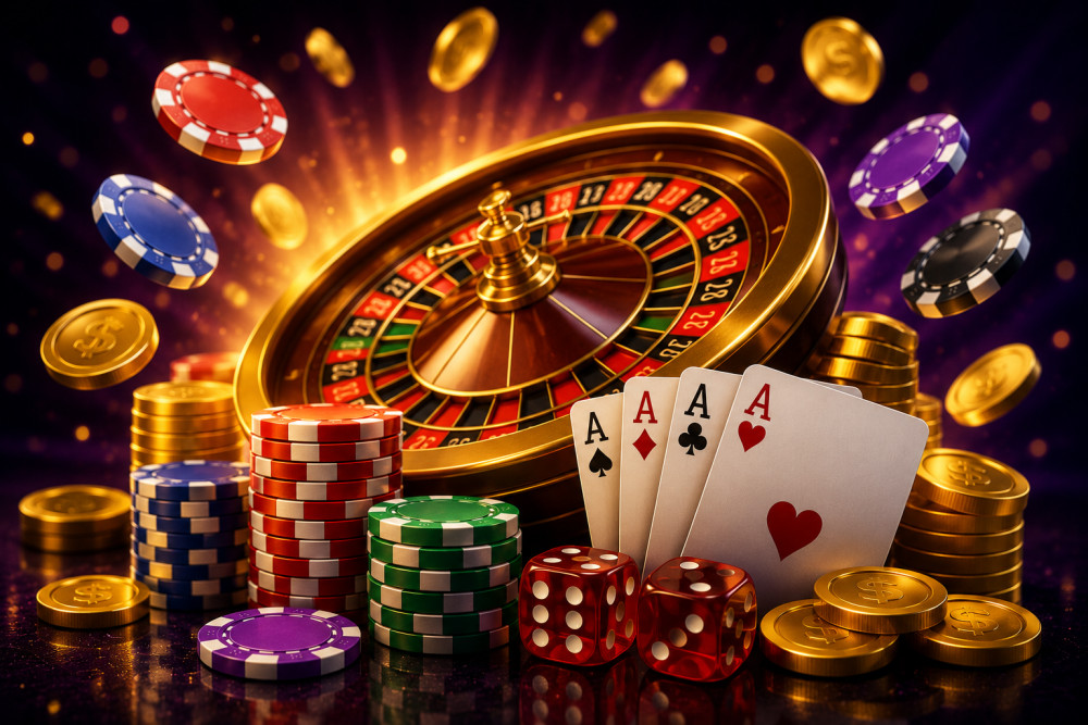 An arrangement of poker chips, dice, and playing cards in a casino setting